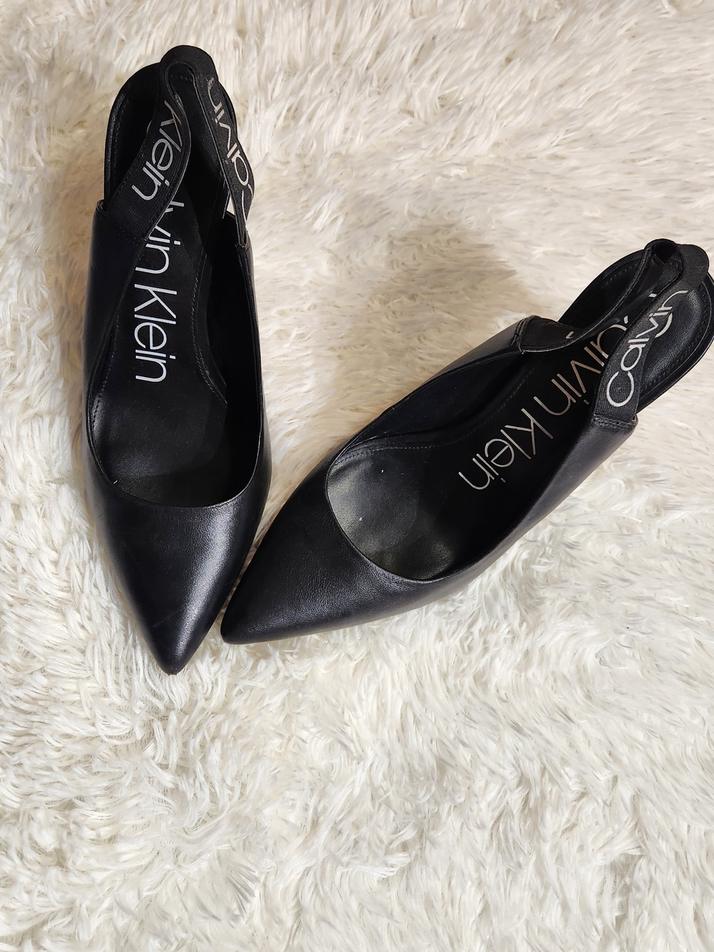 Calvin Klein Black Pointed Slingback Flats with Logo Strap